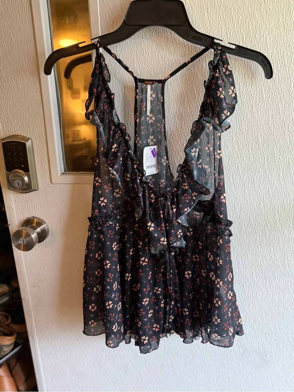 Free People Black Sheer Floral Ruffle Camisole